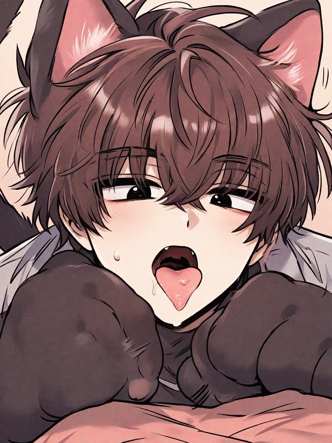 A male cat with light black fur with red colour eyes, with body trembling and Satisfied face with small cock are fuck by classmate furry in the school
