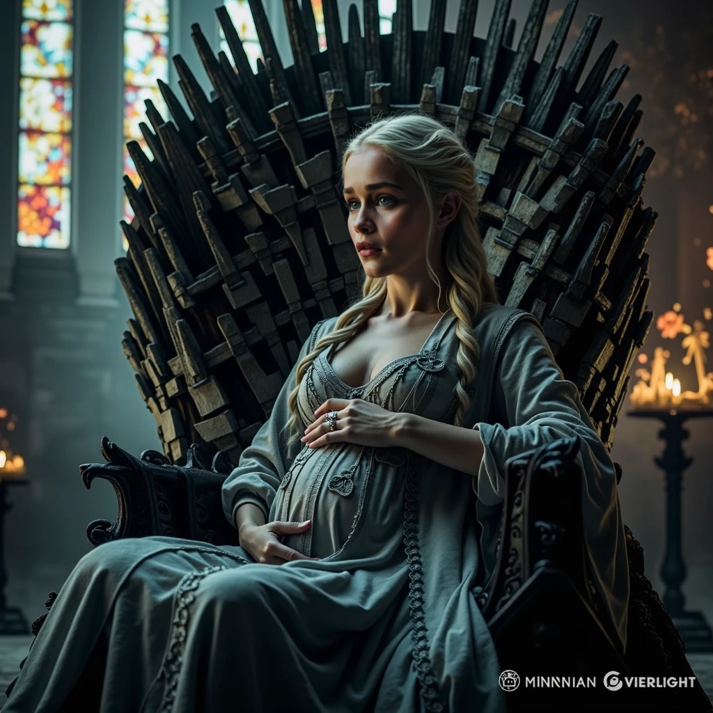 A beautiful adult Targaryen Queen on a royal bed,her platinum blonde hair long and curly, she's wearing a loose white Inner clothes, she's lying on a bed with a small beautiful Targaryen baby next to her with small platinum blonde hair, Mother and child, Relatives standing next to them
