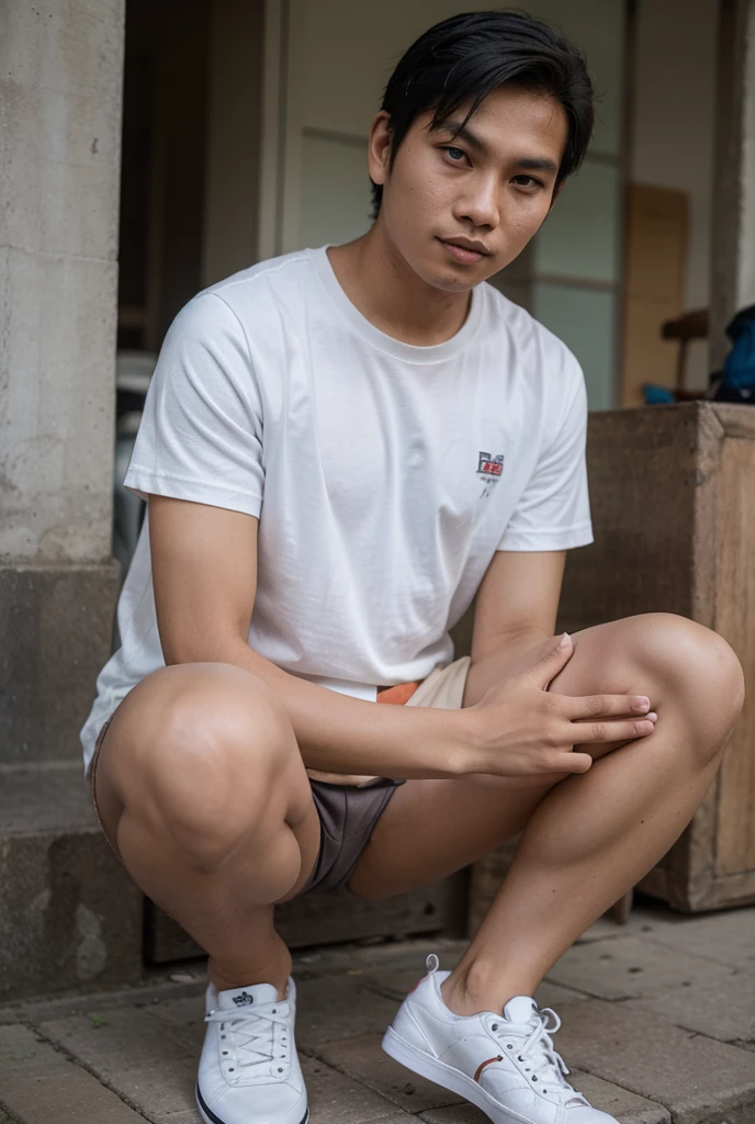 Change the background to grass. ,daytime, handsome,Thai people,teenager, Take off your shirt.