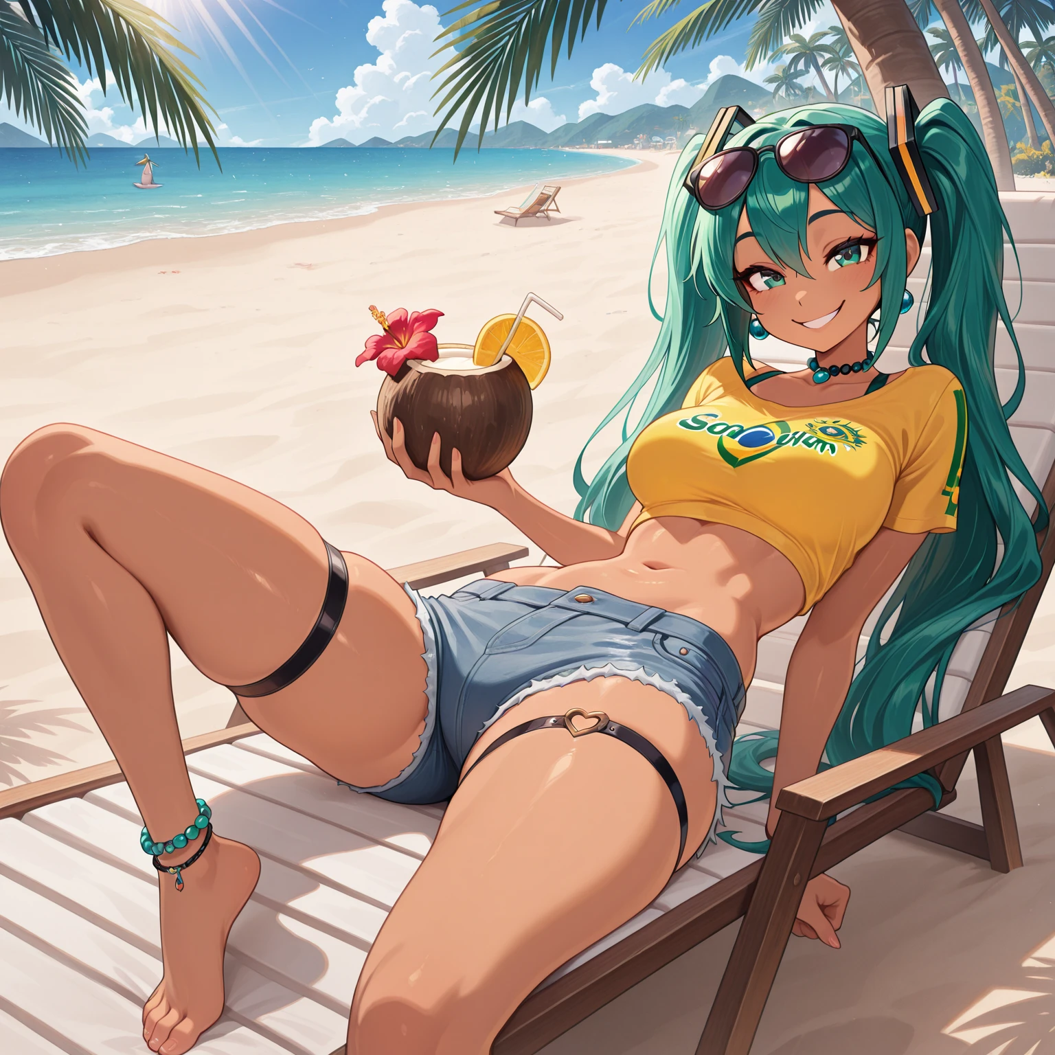 Side tie bikini bottom,masterpiece, Highest quality, (anime screencap:1.3),(shape), cute,(Simple:1), (anime:1.2),Solo Sharp Focus, 1 girl, Cleavage,Looking at the audience, (Kawasaki ZX-10R,from side,whole Motorcycle Limegreen),Are standing,best kawasaki,whole,(Browsing Caution:1.2),Colorful Bikini,Beautiful Hair,heart shaped pupils,Checkered bikini, (Vivid and detailed Tropical drink 1.1),cute eyes,Puffy eyes,Seductive pose,Shining Face,Large Breasts,Twin tail hair,heart shaped sunglasses on head,Hilarious