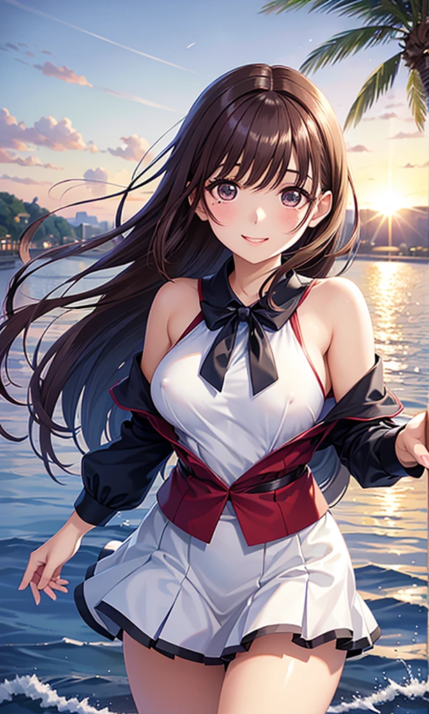 There is a woman posing in a white shirt and a black skirt,Exposing chest and long hair to waist,Chinese beauty,20 years old,Height 160,Weight 40kg,fairer complexion,Oval face,Deep facial features,Wear black stockings,medium breasts,auburn hair,Smile,Beach sunset in the background
