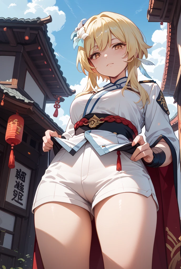 djeeta,zeta,One Girl,bionde,Shiny Hair,short hair,hair band,Brown eyes,teenage,cute,
very shiny 肌,Shiny body,plastic glitter 肌,exaggerated shiny 肌,illuminated 肌,
(Huge breasts, Glamour:1.1),(Huge hips),Tight waist,Long legs,curve,Cleavage,erotic,Bold,Revealing clothing,show 肌,
(Realistic eyes, Natural skin texture, Realistic facial details),
High resolution,Sharp focus,(Super detailed,Very detailed),(Very detailed CG unity 8k wallpaper),(((Vibrant colors))),{best illustration},
Beautiful Eyes,Symmetrical eyes,Big eyes:1.5,Seductive eyes,((complete anatomy)),Perfect Fingers,
pubic hair,(erection of nipple),Camel Toe,
kimono,Festivals Costumes,White headband,(Hip-length blue kimono1.4),One shoulder exposed,(Ultra mini skirt),((White loincloth)),show off loincloth,
Gold rings on both thighs,Blue and white shimenawa rope around the waist,Thick-soled black sandals,sarashi,
skirt lift by myself, showing panties, (extreme close-up of thigh:1.5), (The view is from very close below:1.5), Pushing hips forward, arms behind back,
Shrine at night,Festivals,stall,Mysterious atmosphere,Lantern light,(Outdoor Environments),