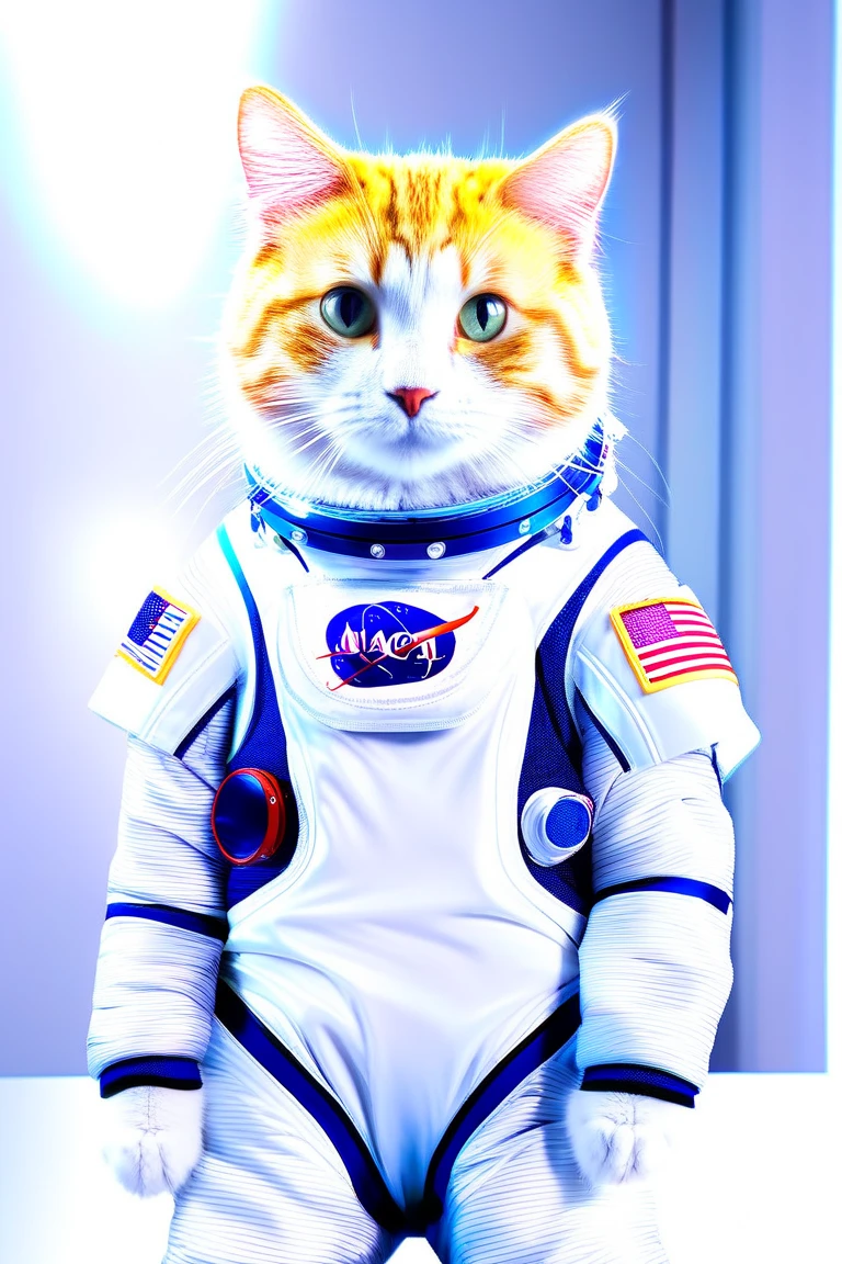 with high definition images，A scene from the Gundam movie,Anime-style illustration of a space boy and girl with a fluffy kitten。Official fan art of exploring the depths of space in a shiny spaceship。The boys and girls are dressed in suits decorated with stars and planets.、Eyes wide open in awe、Gazing at the starry sky。A little kitten dressed in an astronaut costume、He peers curiously out of the cockpit window.。Vibrant colors and fine details、With lightness and cuteness、Enhances the excitement of deep space exploration。The galaxy swirls around it in breathtaking cosmic beauty.。