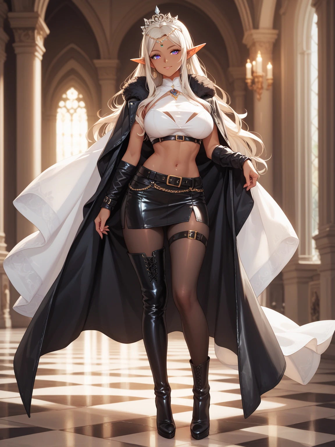 A high resolution rendering of a fierce woman, standing solo with her hips slightly tilted, her detailed face exuding confidence and strength. Her long white hair is adorned with delicate braids, and she is dressed in a striking army suit with a short skirt and adorned with unique tattoos and jewelry.
