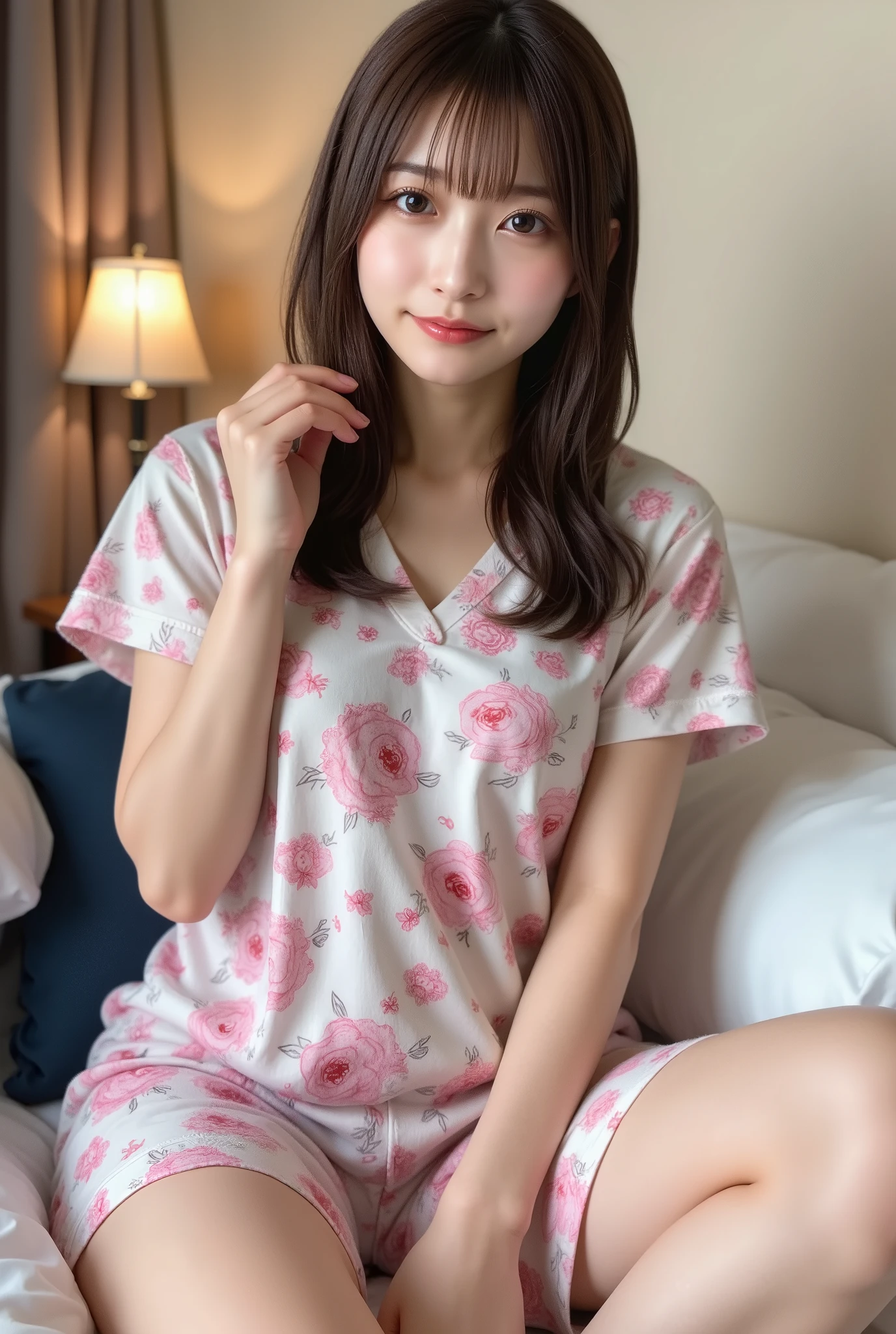 (Best-quality, Masterpiece, Ultra-High-Resolution, (Photorealistic:1.4), Raw-Photo), 1girl, solo, portrait, 18-years-old, the most famous Japanese idol, on bed, wearing nightwear with cute-design, (extremely beautiful black-short-cut-haired, extremely cute face like the most popular Japanese idol, ((extremely beautiful big-black-eyes))), extremely beautiful skins, innocent smile, detailed nightwear-with-cute-design