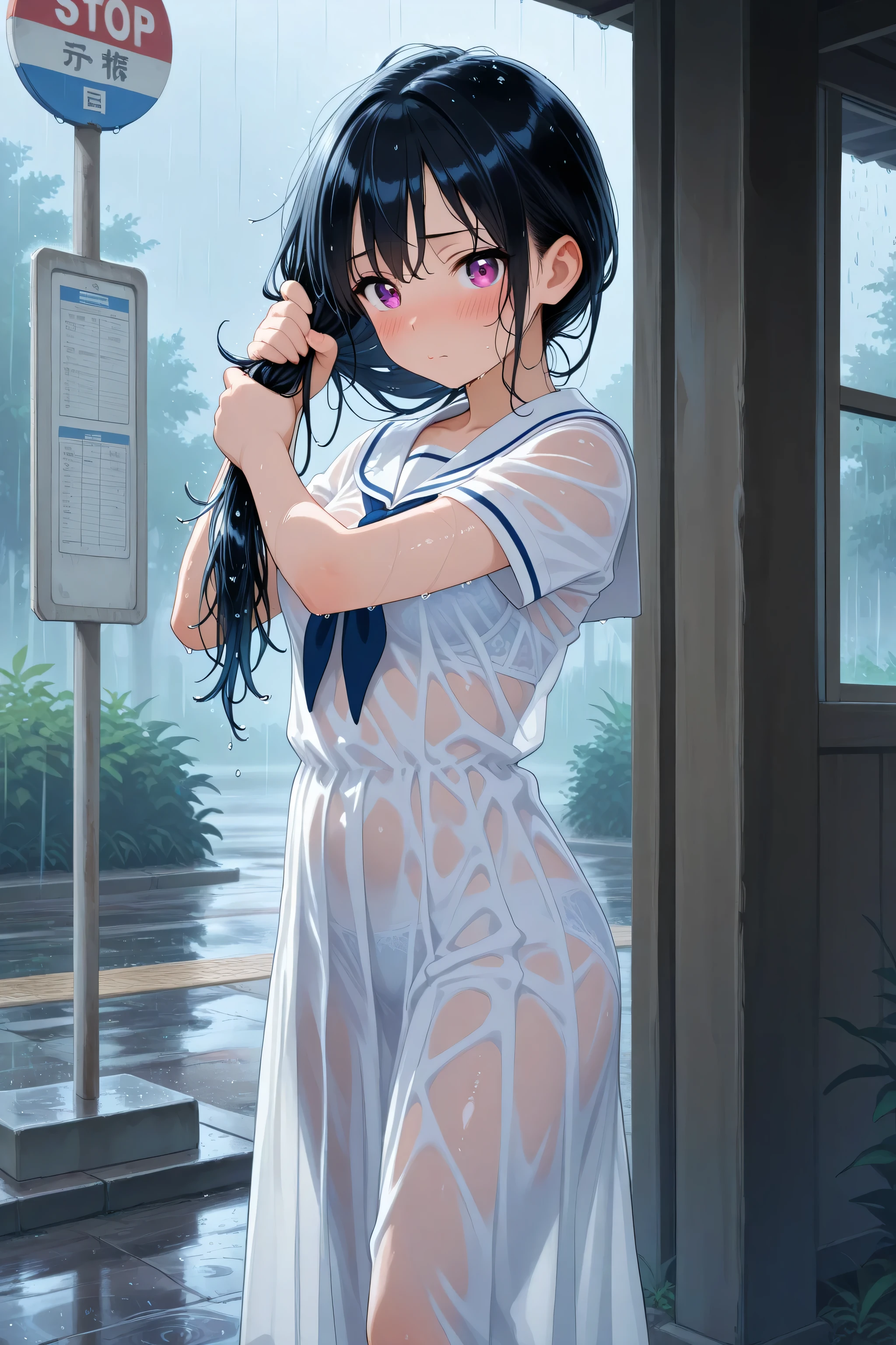 nsfw,anime,masterpiece,best quality,highres, highly dramatic picture, beautiful eyes, cinematic lens effect, ultra cute,outdoors, bus stop, raining,1 girl,standing,staring, washinghair, wringing hair, holding own hair, wet hair, wet clothes, bra visible through clothes, pantie visible through clothes,looking at viewer, blush, embarrassed, sailor dress,white collar, white dress,pleated dress,long dress,short sleeves
