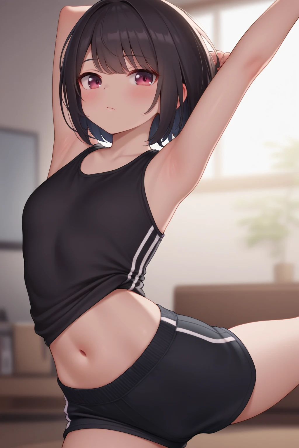 {best quality}, {very aesthetic}, {ultra-detailed}, {best illustration}, nsfw, Brown Hair、Bobcut、Bangs、Small breasts、Grey sports bra、Gray bloomers、girl、tall、、Anatomically correct、Hands Down Pose、Angle looking up from below、The whole body is visible、The background is a hotel room