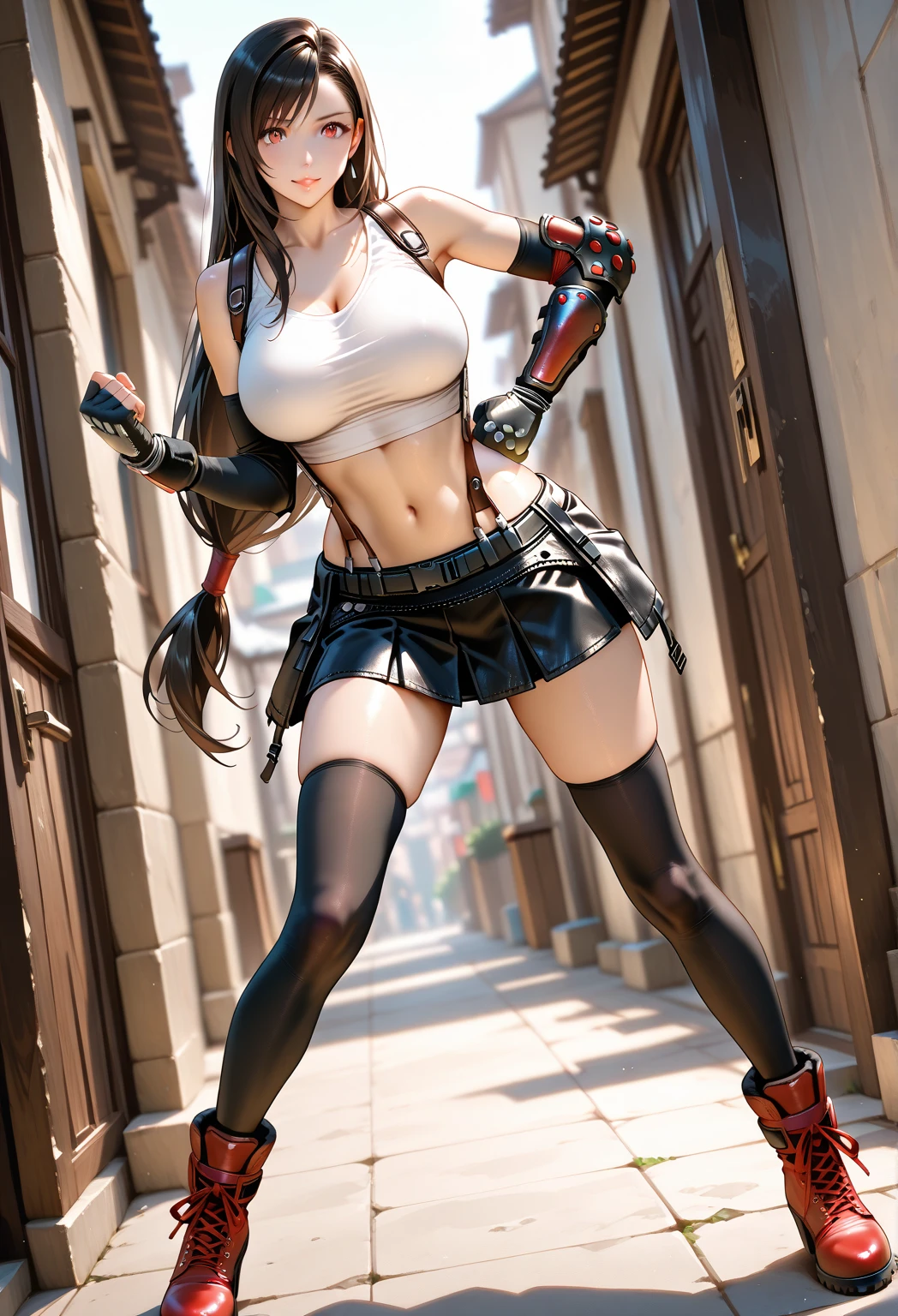 a close up of a woman in a skirt and boots holding a gun, seductive tifa lockhart portrait, tifa lockhart portrait, tifa lockhart, portrait of tifa lockhart, tifa, tifa lockheart, glamorous tifa lockheart, badass anime 8 k, tifa lockhart with white hair, akali from league of legends, ig model | artgerm
