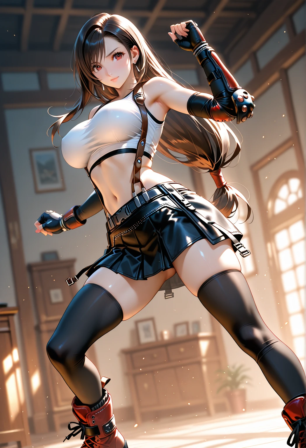 (8k, best quality, masterpiece:1.2), (realistic, photo-realistic:1.37), ultra-detailed, 1 girl,cute, solo, (tifa lockhart), (huge breasts:1.5),(beautiful detailed eyes), (smile:1.2), (closed mouth), erotic pose, plain colour background, good composition, Final Fantasy VII, (white tank top, low cut top, cleavage:1.3), (black leather mini skirt with belt:1.3) (red gloves and boots) (full body:1.5), head rest, lips, pretty face, low-tied long hair, ((red_eyes:1.3)), (night:1.2), intricate, bokeh, cinematic lighting, photon mapping, radiosity, physically-based rendering, (Tetsuya Nomura style), nsfw, perfect breasts (view from behind:1.5)