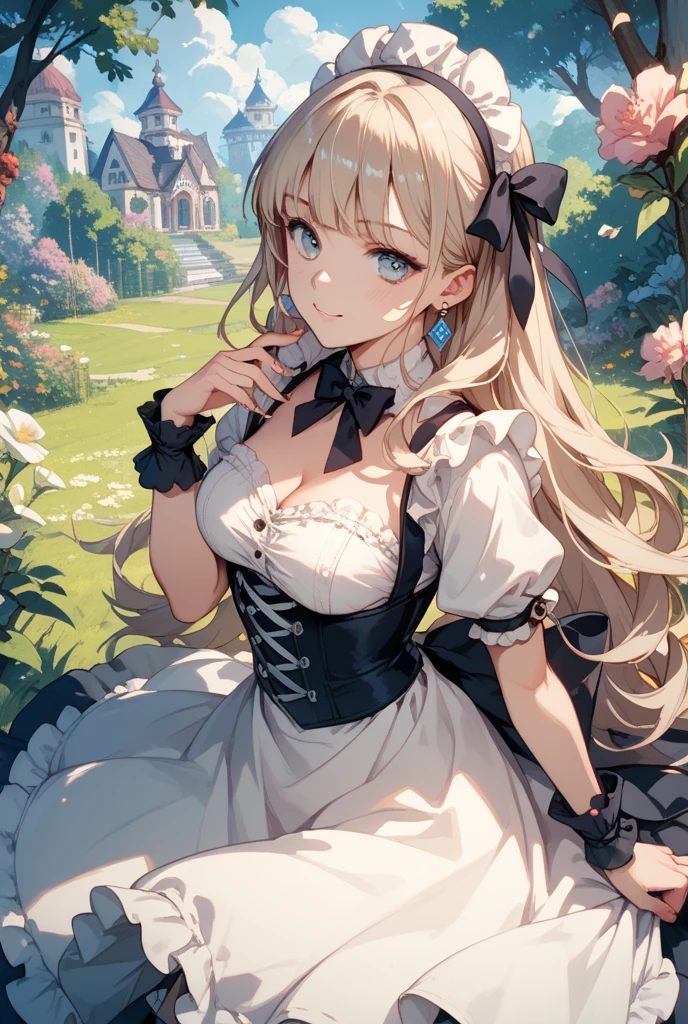 masterpiece, (best quality, ultra-detailed:1.6), (ultra high res:1.5),super fine (anime),(sharp focus), (insanely detailed:1.3),(detailed face:1.1),(perfect anatomy), delicate (cel animation),
from front view, 1 anime cute girl,(cute face:1.1),sexy body, sexy big breasts, blonde straight hair,ice blue eyes, (tareme:1.4), kindly smile,(Spring, flower blooming gardenscape:1.3),no holding,outdoor,(frilly_lolita fashion:1.3),medium shot,