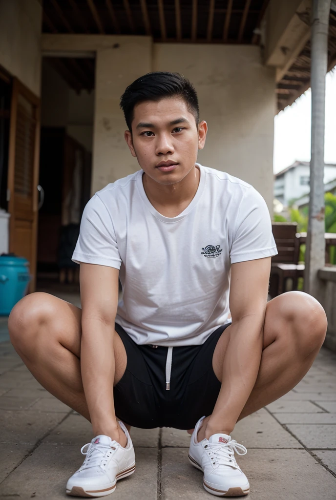 full body portrait photo with natural effect. clothes: Topless(No muscles, skinny), white volleyball shorts,bigger Phallus in hip brief. shoes: wearing black shoes. situation: Handsome Indonesian young man Is lying down in the river with his clothes wet from the river water.