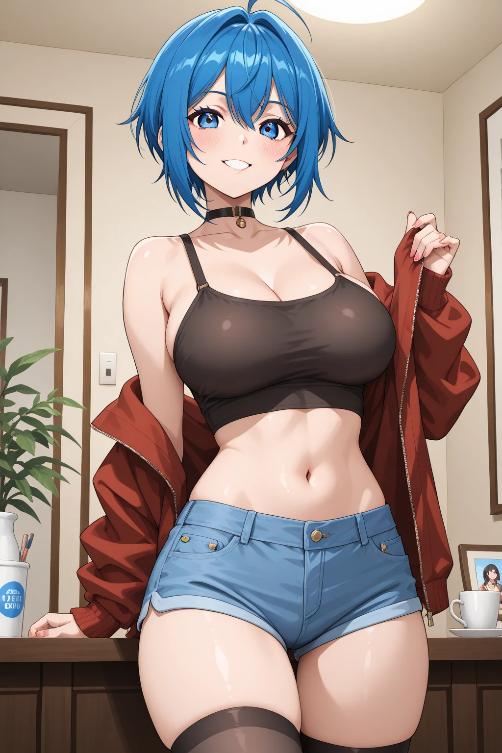 1 Female,High definition,high resolution,Ultra-realistic,8K, aaserena, yellow ponytail, ((multicolored hair)), red jacket, black shirt, belt, white skirt, tight skirt, miniskirt ,jewelry,European,sexy,Upper body close-up,Photographed from the front,Dynamic Angles,blush, big tits , happy, wink the eye,facial, sweat,multicolored hair ,(wide thighs:1.4),(black panties),(show panties),(spread legs),(cameltoe)