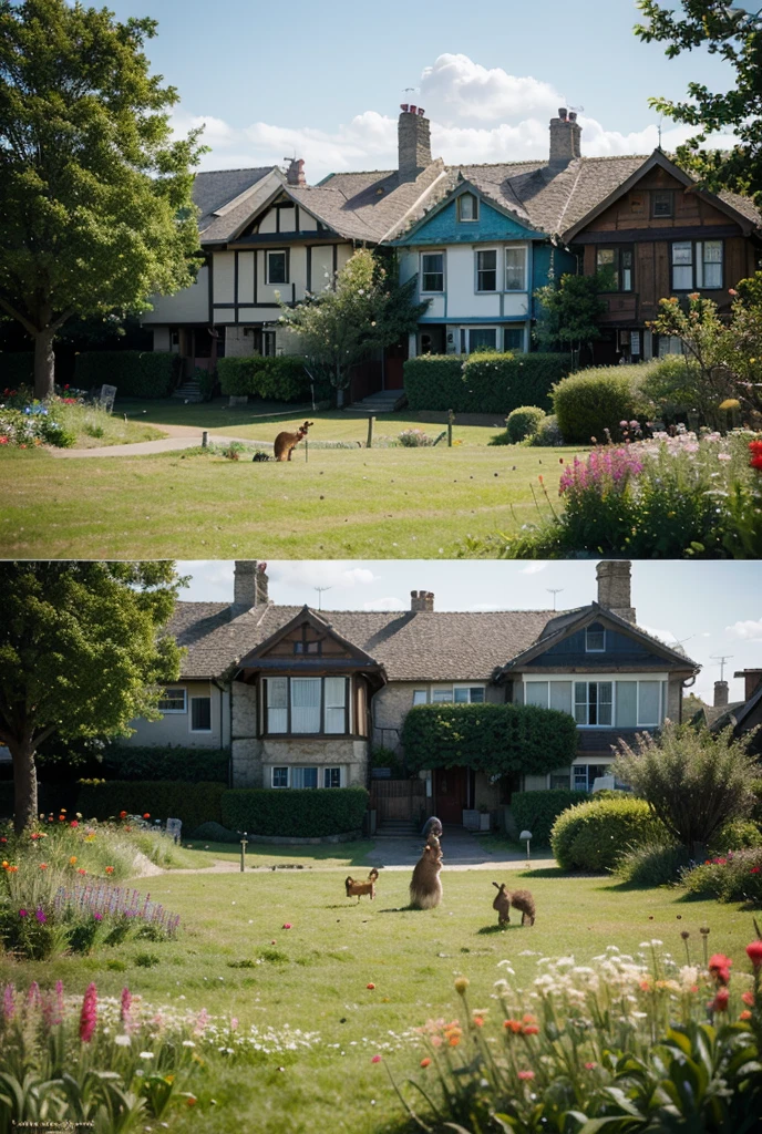 with blue sky and white clouds,A fat woman in her 30s wearing a red dress walks her dog on a long street