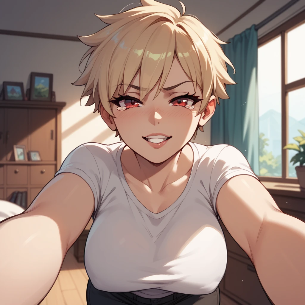 Masterpiece, Top quality,1 boy, 1 beautiful girl, blond, wave Hair, medium hair, diagonal bangs, (bedhead :1.2), 18 year old, medium breasts, standard weight,  (Tank top :1.3), shorts, nose blush :1.1, closed eyes, beautiful scene of bed room, indoor, blurry background, magnificent panorama view, (reaching out her arms :1.2), open her arms, good morning, from above, (extreme close up of face:1.5),