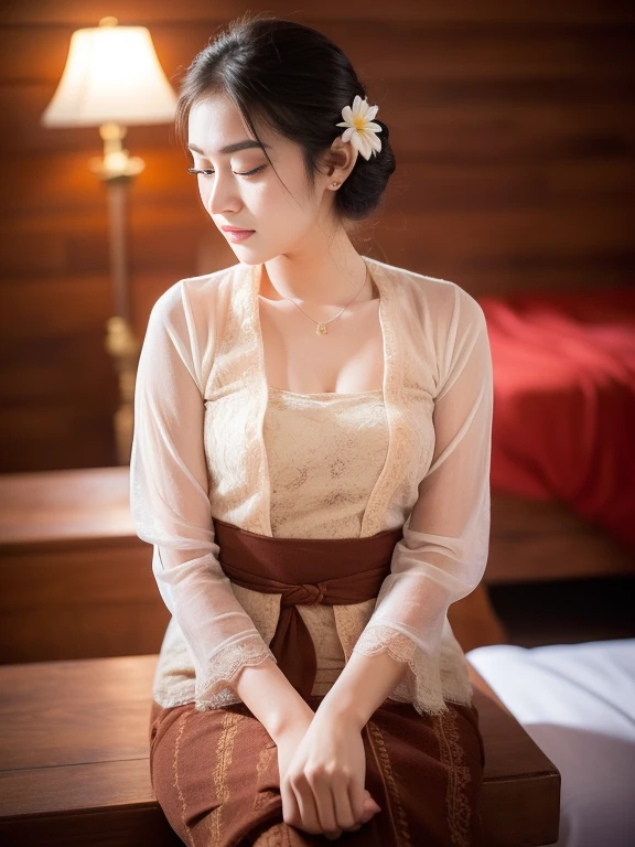 A young girl, holding candle, smile face, (detail face), night light. Sitting the floor, background pagoda.
