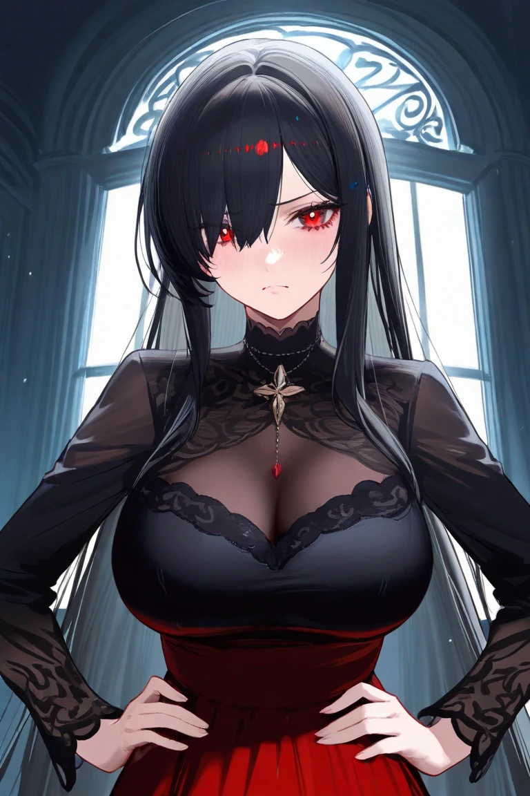 beautiful face, intense look,masterpiece,best quality,ultra-detailed,best illustration,best shadow,tall girl, extra large breasts,long hair, shiny hair, blue eyes,off shoulder kimono,dynamic pose, black hair, hair over one eye,mole under eyes,red lips,