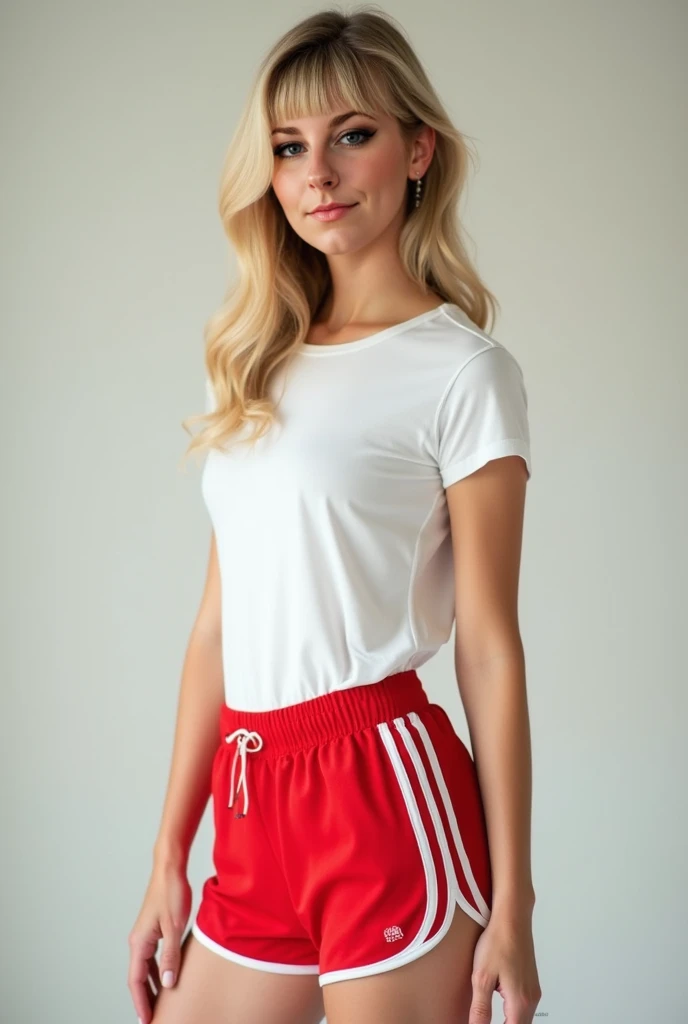 A young woman with a slim build and fair skin, with light blond hair wavy up to the shoulders, with a slanted fringe hairstyle that frames her face. His expression is calm and confident, with a faint natural smile.

She dresses casually, with a  t-shirt with short sleeves and red sports shorts with white trim, in the retro style of the 80s. The image is taken in profile, showing her upright posture, relaxed arms and a carefree attitude.

The background is neutral and clear, with soft and uniform lighting, ideal to highlight the figure.

General style: daily, natural, sporty and fresh.