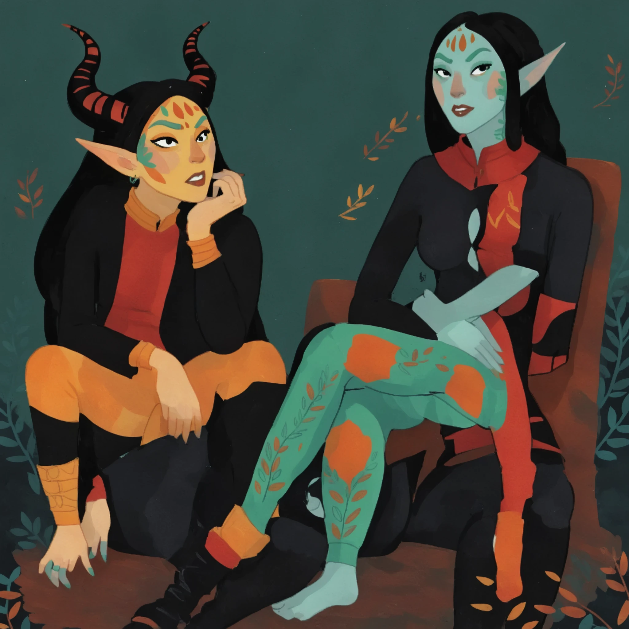 1boy tiefling looking at 1girl elf, 2d art, flat colors, full body portrait, black clothes, dynamic poses, simple black eyes, gouache texture, full body portrait, gouache painting, vibrant colors, chiseled features, thick gouache render, novuschroma57 style cartoon, in gougoupaintleaves, FRESHIDEAS Illustration No. 12, Illustration No. 8, dumner