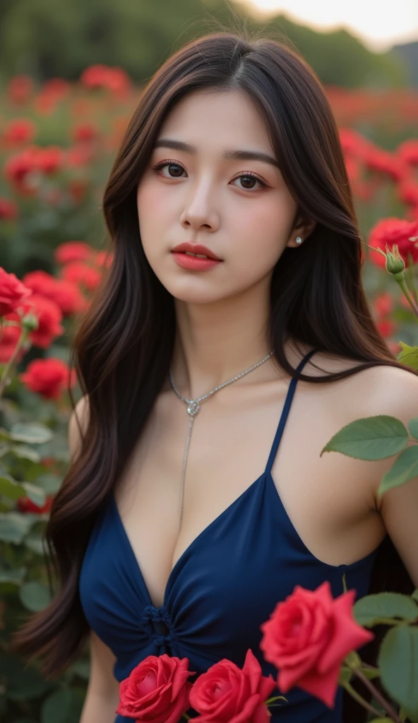 a beautiful Korean young Office girl, (((18 years young girl))), detailed face with beautiful eyes and lips, long black hair, stylish hair, hair pin, romantic Eyes, beautiful eyes, smiley face, happy face, glow face, super round young breasts, glow skin, bright skin, realistic skin, realistic smile, cutest smile, realistic body, ((red colour Glitter above knee length Floral Print Slim-Fit Mini Tank Dress)), ((ultra detailed Floral Print Slim-Fit Mini Tank Dress)), detailed dress, stylish dress, stylish uniform, High resolution dress quality, stylish look, stylish angle, standing in a black Merlot grape vine orchard, surrounded by ripe black grapes, beautiful ripe orchards, detailed ripe black Merlot grapes, wine and Merlot grapes, black Merlot grape trees, detailed grapes, detailed grape trees, black grape ripe Italy, Italian black grape ripe forming fields, black grape ripe forming, detailed black grape ripe forming harvest, one hand playing with her hair angle, standing, photorealistic, realistic, masterpiece, ultra-detailed,8k, (best quality,8k,highres,masterpiece:1.2),ultra-detailed,(realistic,photorealistic,photo-realistic:1.37), highly detailed, cinematic lighting, vibrant colors, warm tones, masterpiece, highres, warm lighting, vibrant colors, soft focus, elegant, cinematic, highly detailed, professional digital art, UHD, Ultra HD, ultra realistic, hyper realistic, ultra sharp, vivid, realistic atmosphere, Beautiful rally atmosphere in background, beautiful background, detailed black grapes ripe harvest background, hyper-detailed background, cinematic photography, award winning Photography, Very High Resolution picture quality, full-body shot,