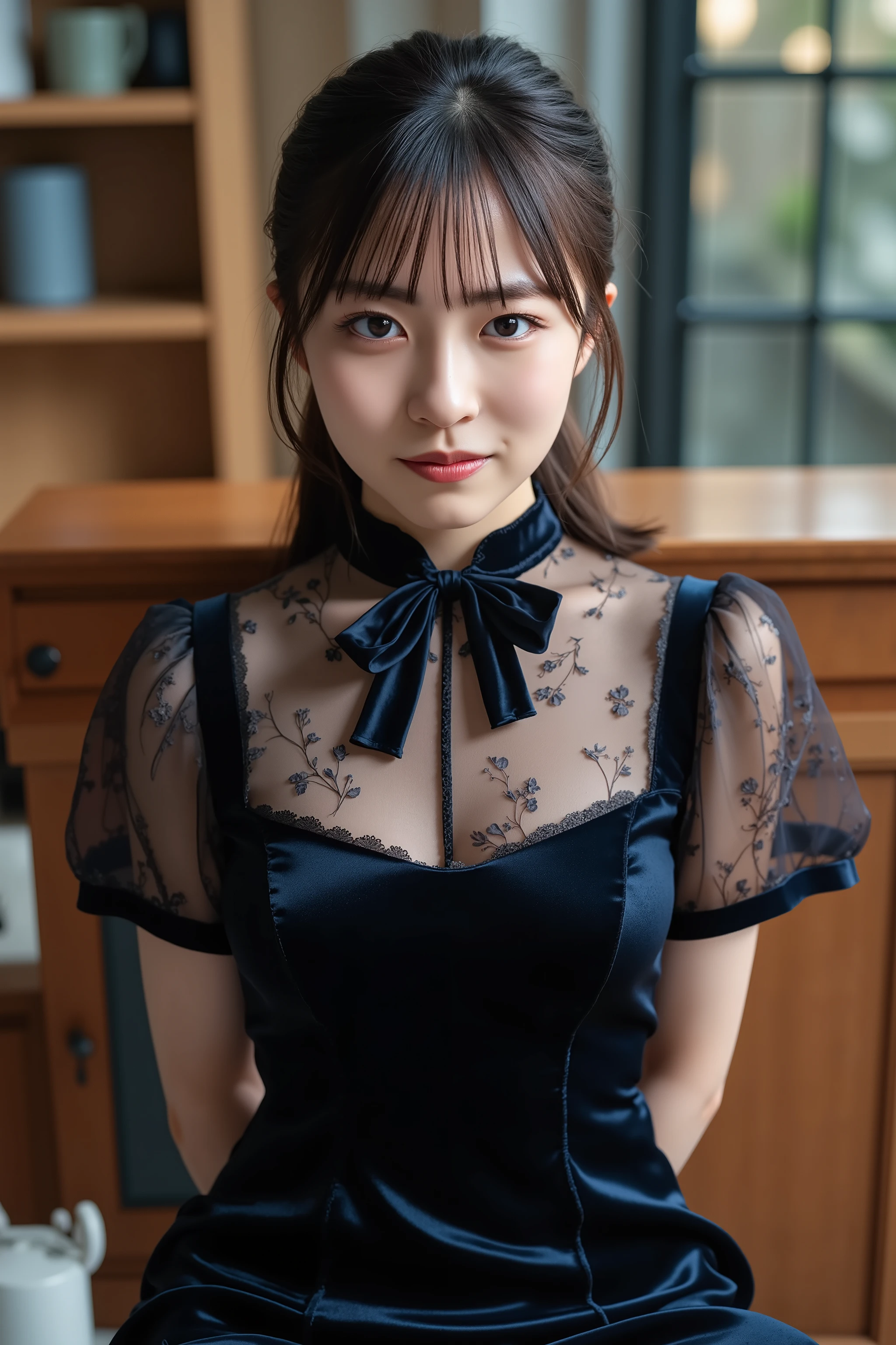 photorealistic, 8k, soft diffuse lighting, likeい女の子, Japanese, light makeup. like々fresh impression through the sheer fabric、Her hair is parted at the sides. I'm wearing an elegant, vintage-inspired outfit, flowing features, Shiny dark velvet long dress. That dress is layered under sheer material, A long sleeve blouse with a delicate floral pattern, enhances the、x} The soft outline of the dress below shows through. The high neck is accentuated with a bowtie detail, sophisticated, classic touch. The sleeves of the blouse are slightly puffed at the shoulders, contributing to her romantic silhouette. The dress gracefully follows her figure, When she moves、The hem gently rubs against the floor. dynamic low angle shot, angle looking up at the subject. She's sitting in a piano chair at home, her hands rest gently behind her back. Open your legs wide. She has a naturally mischievous and innocent attitude, Her soft、Sweet voice, every movement is carefully adjusted、Exudes charm.