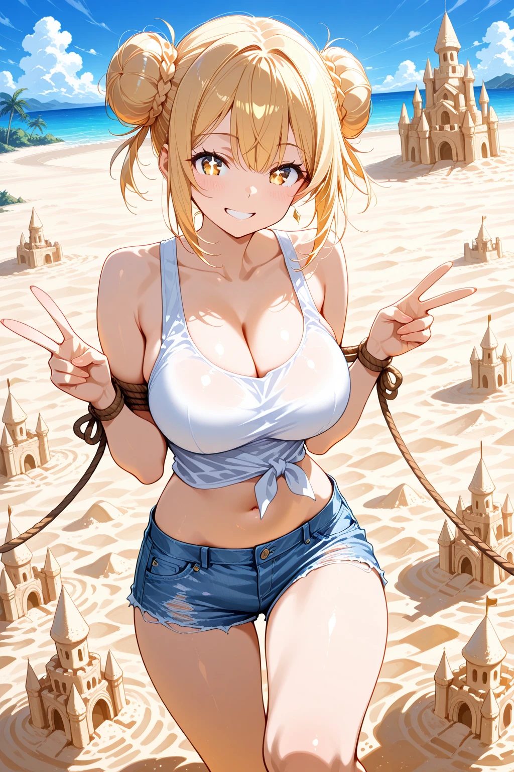 1 girl, detailed blue eyes, lange wimpern, detailed beautiful face, (Long blonde hair:1.4), festgebunden, (arms behind back:1.6), gefesselte Arme, blushing, (Big boobs:1.1), White Bikini, White crop top, OTN, Gag, gagged, shibari, tied Gag, Standing at a beach, black laced high heels, sitting