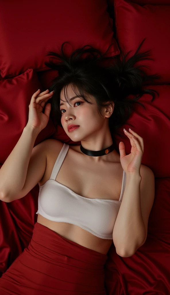 A very pretty girl with her tongue sticking out and a red face wearing black stockings and no clothes