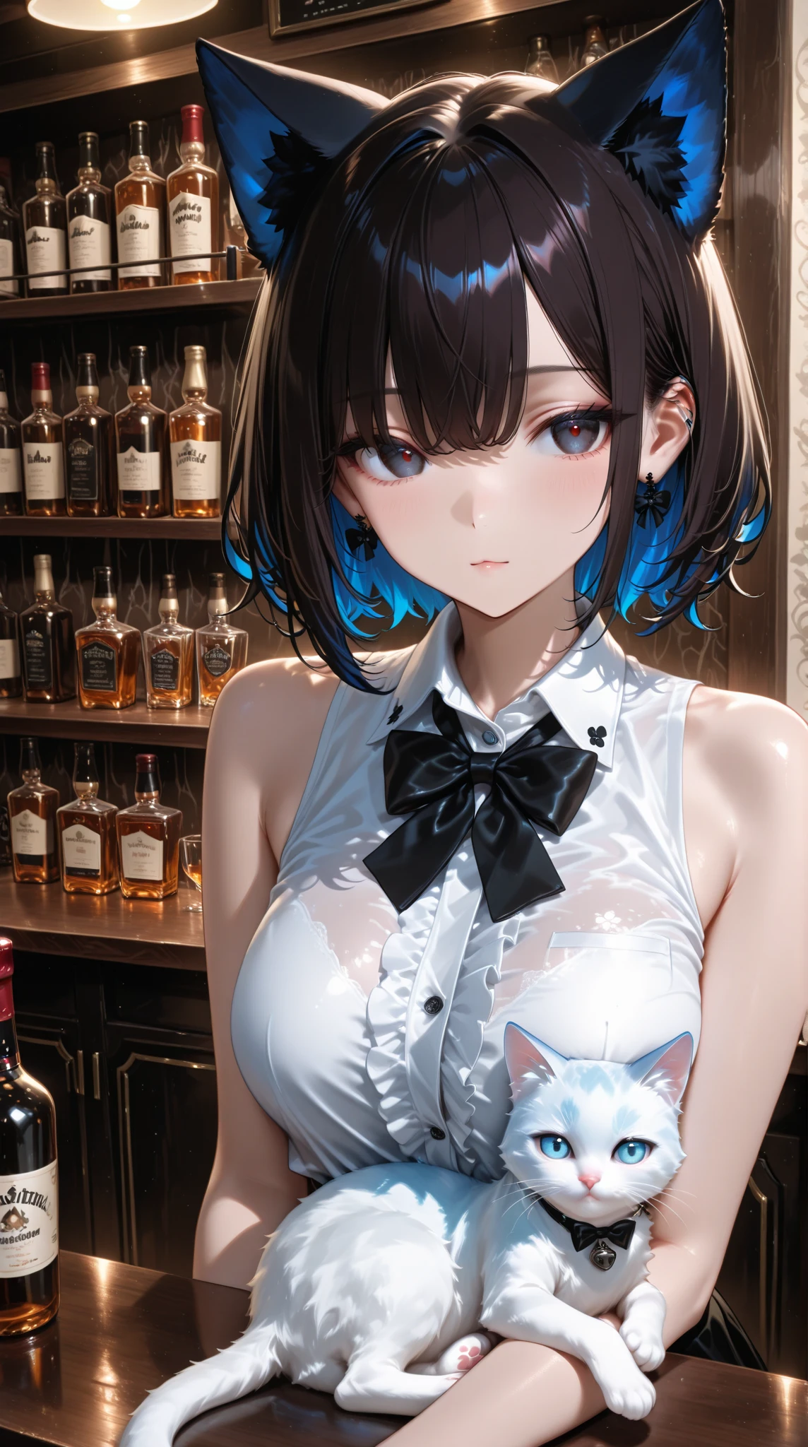 looking at the viewer, 1 girl, open your mouth, smile, Virtual YouTuber、with a girl、((highest quality, expensive_solve, clear_image)),(black hair), (black cat ears), (Ahoge), (ridiculously short hair), (wavy hair), (blue eyes),、laughter、very big breasts,wore a dress、drunk face、had alcohol