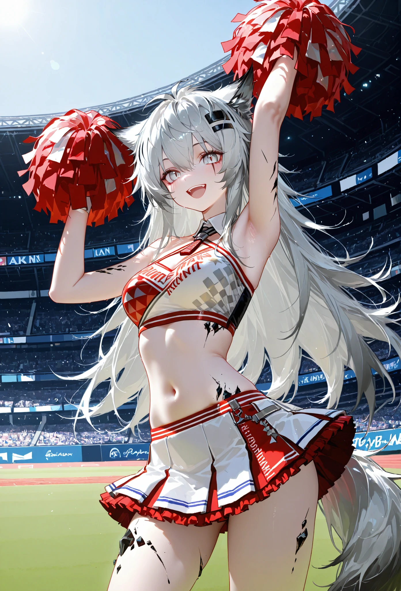 Nikke, the goddess of victory, Bran, Black and white cheerleader outfit, dancing, Very bright smile, Age 25, Mature woman, ((Very narrow eyes:1.2, Bright Eyes)), Belly button exposed, Underboob, I&#39;m rooting for you, Sweat, (VERY long straight hair, white hair, soft hair, blunt bangs, beautiful detailed yellow eyes, red Eyeliner:1.2, shiny happy smile, beautiful fang, (nup, black or white cheerleader:1.2) ), 
BREAK,
//background
, Stadium, dome, grass, A lot of people, Clear skies, sunny,
//Graphics
(masterpiece,best quality), absurdres, absolutely resolution, incredibly absurdres, highres, ultra detailed:1.0, official art, unity 8k wallpaper,