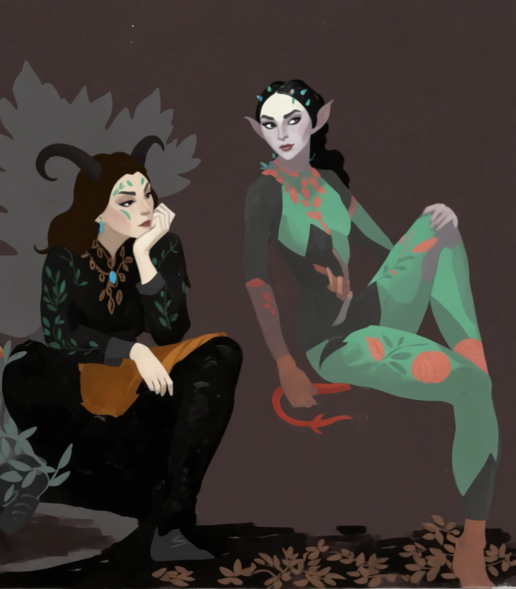 1boy tiefling looking at 1girl elf, 2d art, flat colors, full body portrait, black clothes, dynamic poses, simple black eyes, gouache texture, full body portrait, gouache painting, vibrant colors, chiseled features, thick gouache render, novuschroma57 style cartoon, in gougoupaintleaves, FRESHIDEAS Illustration No. 12, Illustration No. 8, dumner