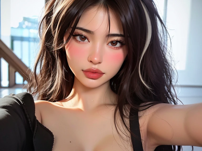 a close up of a woman with a big breast and a black top, cleavage, thick lips, portrait sophie mudd, sie boob, jaw-dropping beauty, sexy girl with dark complexion, thick red lips, large full lips, deep red lips, jaw dropping beauty, retouched in photoshop, 🤤 girl portrait, sexy face, sexy lips