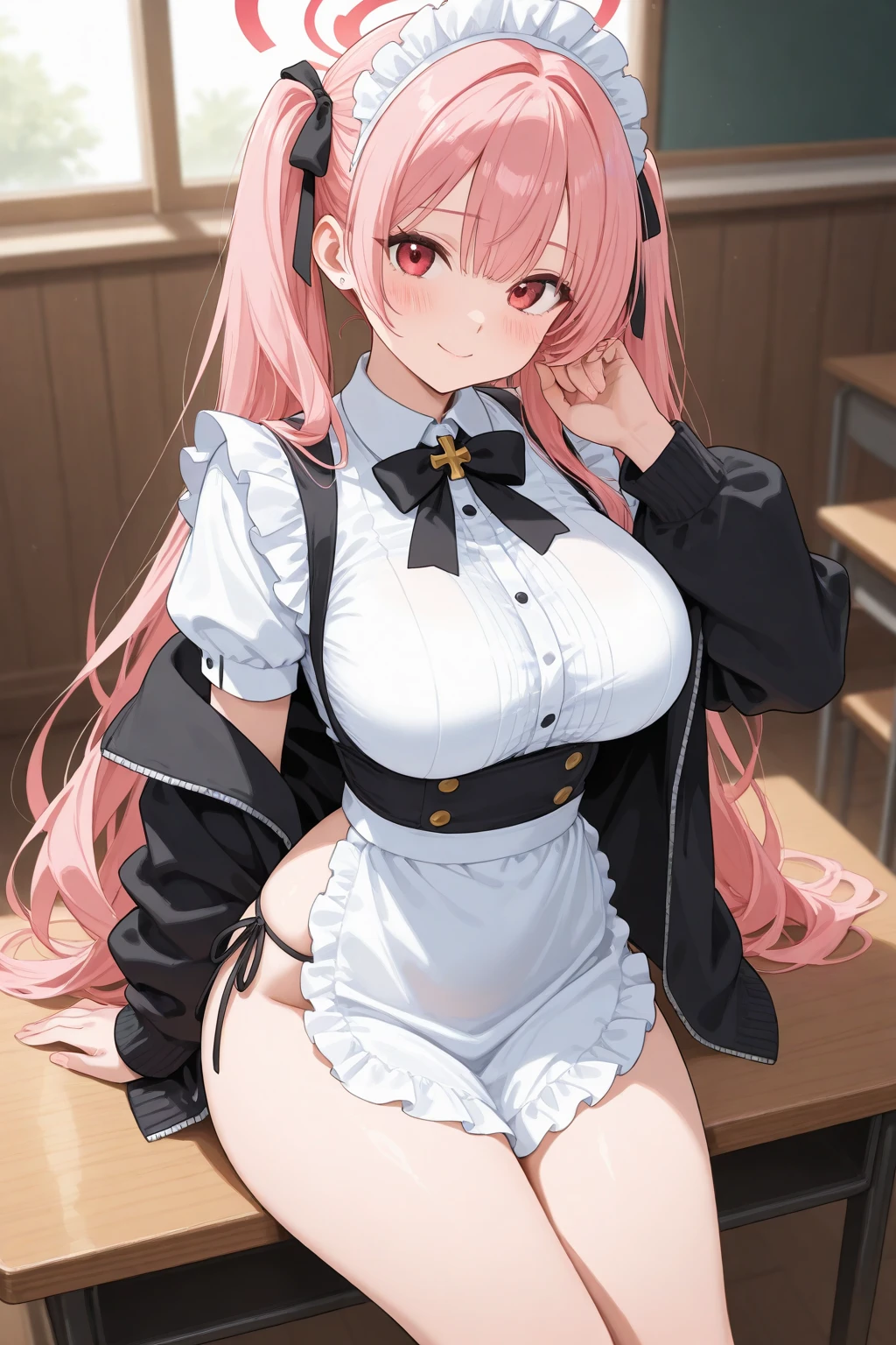(masterpiece、Highest quality、Super detailed)、((One girl))、((Pink Hair))、((Twin tails))、((Light blue eyes))、blush、evil smile、((lots of piercings))、((Very large breasts))、White brim、((Maid))、Short sleeve、((skirt lift:1.3))、((black panties under pantyhose:1.3))、Cowboy Shot、Shoot from below、Bedroom Background
