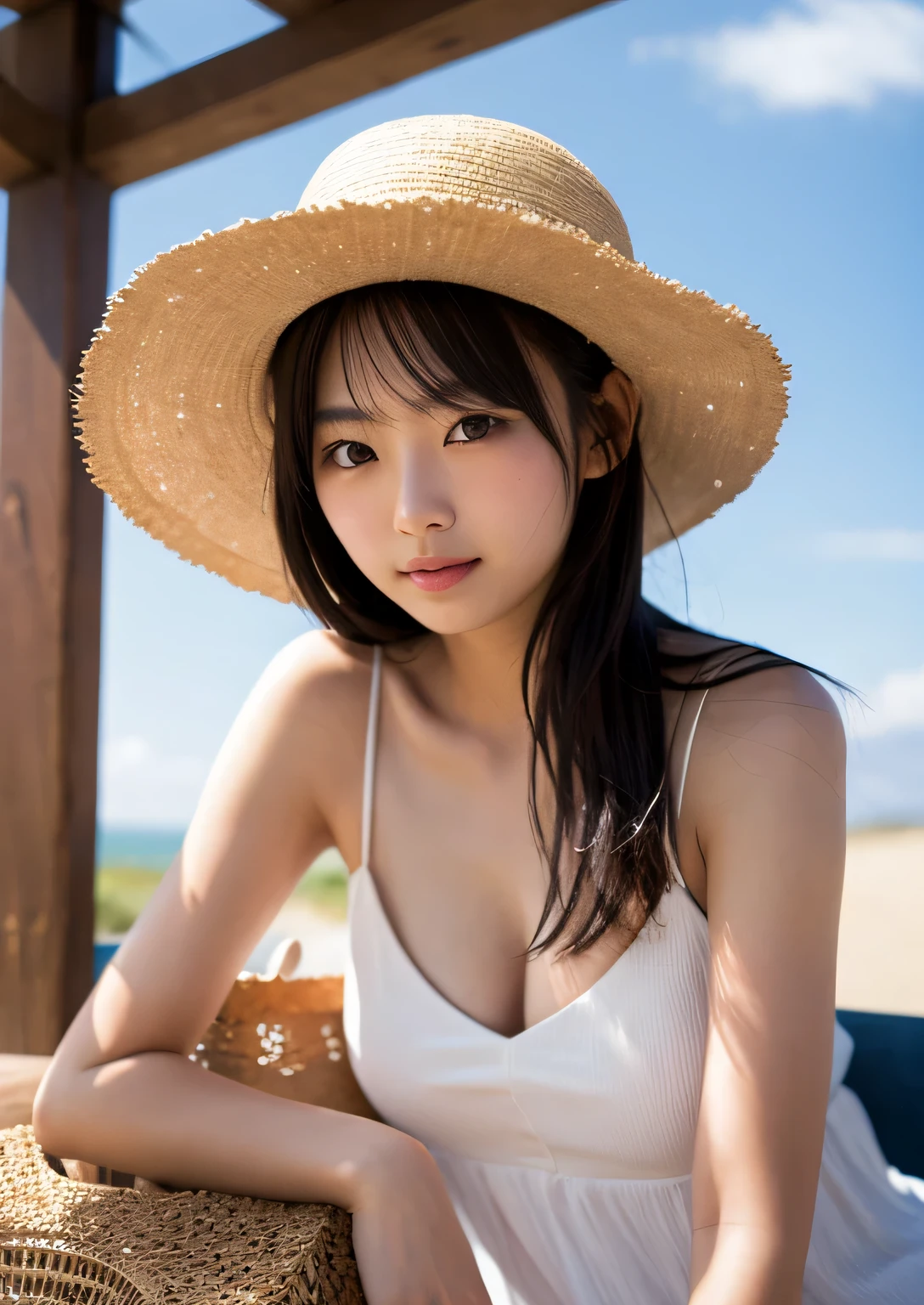 (Best-quality, Masterpiece, Ultra-High-Resolution, (Photorealistic:1.4), Raw Photo, depth of field, professional lighting, perfect anatomy, extremely details), 1girl, 15-years-old, the most famous Japanese idol, (extremely cute face like the most popular Japanese idol, ((extremely cute and extremely big eyes)), extremely beautiful hair, extremely beautiful skins), extremely cute long-eyelashes, extremely cute lips, extremely childish body, (cowboy shot, dynamic pose), (wearing white long summer-dress with cute-design), in extremely beautiful summer-beach, detailed white-long-summer-dress-with-cute-design, detailed extremely-beautiful-summer-beach