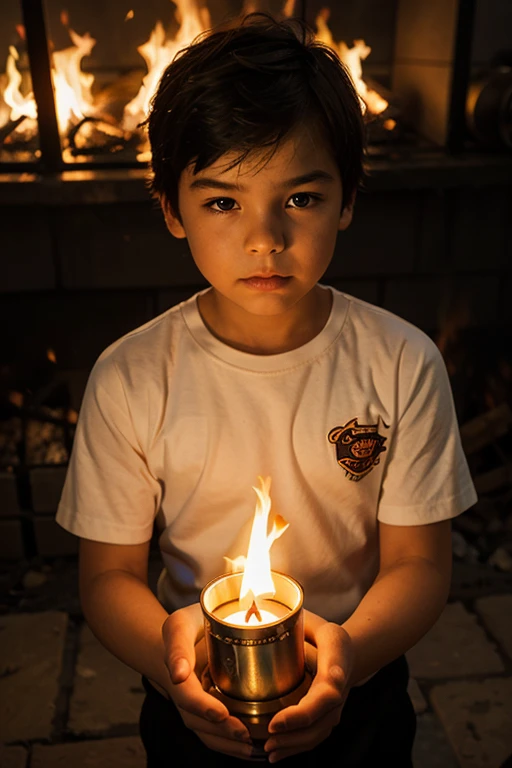 Young boy standing on pile of chains holding a torch
