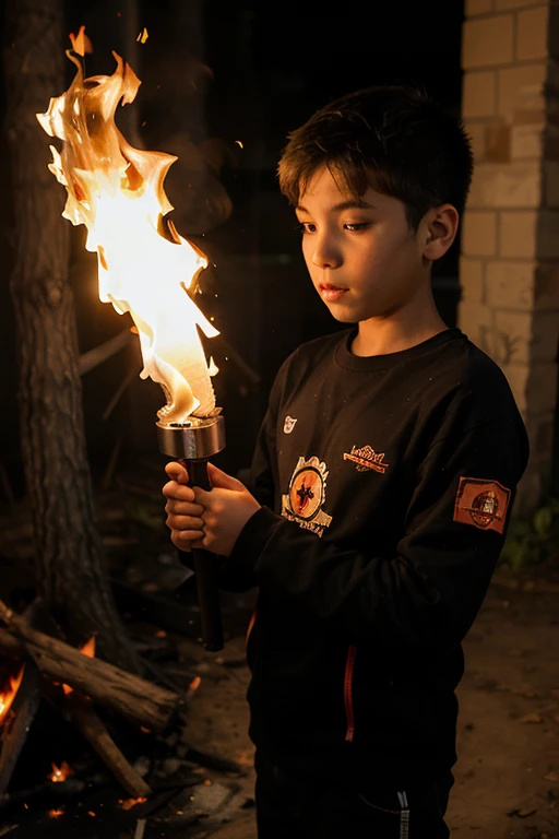 Boy burning his toys at night