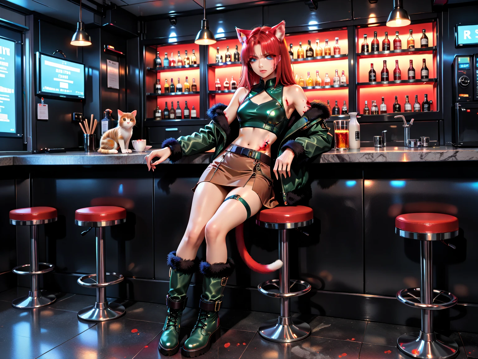 Neko Bar, cute, neko, oriental, bar, girls, chinese, orginal, tight clothing, torn clothes, thigh straps, bruised body, bloody wounds, tired face, dark angry eyes. The level of detail is inspiring, with intricate elements meticulously crafted, volumetric effects adding depth and dimension, and the photorealism is unmatched. The image is rendered in 8K resolution, ensuring ultra-detailed images. Volumetric rays add a touch of magic, highlighting their beauty and aura in a supernatural way. High dynamic range (HDR-10) technology makes the nuclei stand out, adding richness to the overall composition. MarinBraveSoul, red hair, blue eyes, cat ears, cat tail, green leather armor, brown furtrim boots, crop top, furtrim chocker, short furtrim skirt, brown skirt,  shoulders, ruanyi0649, w1tch