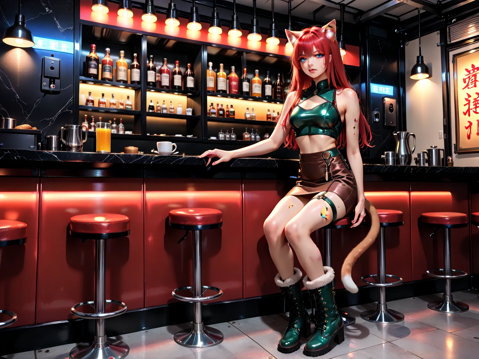 Neko Bar, cute, neko, oriental, bar, girls, chinese, orginal, tight clothing, torn clothes, thigh straps, bruised body, bloody wounds, tired face, dark angry eyes. The level of detail is inspiring, with intricate elements meticulously crafted, volumetric effects adding depth and dimension, and the photorealism is unmatched. The image is rendered in 8K resolution, ensuring ultra-detailed images. Volumetric rays add a touch of magic, highlighting their beauty and aura in a supernatural way. High dynamic range (HDR-10) technology makes the nuclei stand out, adding richness to the overall composition. MarinBraveSoul, red hair, blue eyes, cat ears, cat tail, green leather armor, brown furtrim boots, crop top, furtrim chocker, short furtrim skirt, brown skirt,  shoulders, ruanyi0649, w1tch