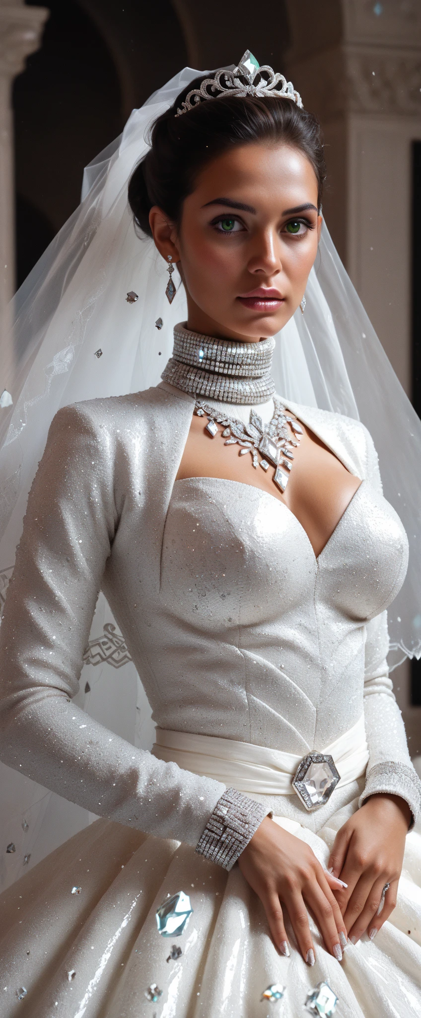 award-winning professional and realistic photo of beautiful futuristic bride Cersei Lannister wearing a sci-fi white rubber BDSM bridal gown, white (rubber) bridal gown, busty, white (rubber) corset, white (rubber) gloves, futuristic sci-fi cathedral, brutalist architecture, gorgeous long and silky hair, arranged marriage, bridal fetish, BDSM elements, white (rubber) BDSM choker, bridal (slave), (submissive bride), Stepford Wife, fetishpunk, sexy and dramatic makeup, detailed textures, sharp focus, ultra-high pixel detail, 16k RAW footage, masterpiece