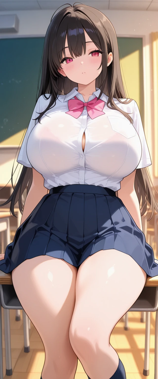 Realistic, Masterpiece, best Quality, perfect anatomy, (Detailed Eyes), One High School Girl, Navy blue school uniform, Huge breast, Sweat, ponytail, earrings,  pelvis curtain, (wide hips), shy smile, embarrassed, standing split, leg up,leg lift,standing on one leg, (pleated skirts), sexy panties, Exposed panties, Classroom, String panties that bite, low angle, side tie panties, skindentation, from below