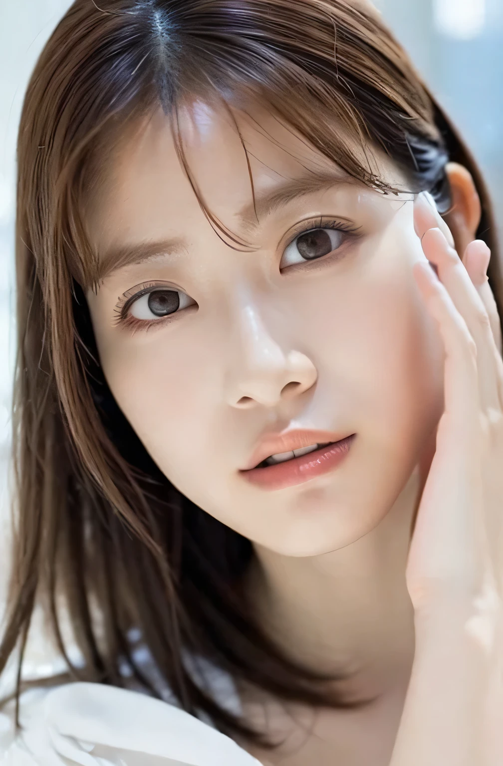 Ulzzang-6500-v1.1, (RAW Photos:1.2), (Photorealistic), Beautiful detailed girl, (Genuine: 1.4), Very detailedな目と顔, Beautiful and fine details, Snow Scene、Large file size, High resolution, Very detailed, highest quality, [masterpiece:1.6], Awareness-raising, Very detailed, Hmph, In detail, highest quality, 8k wallpaper, Cinema Lighting, One Girl, Age 25, Small, flat chest、Perfect figure, Cute droopy eyes、Beautiful big eyes、beautiful girl, ((Tabletop)), highest quality, One Girl, eye shadow, Upper Body, Portraiture, ((Close-up of face:1.2))、