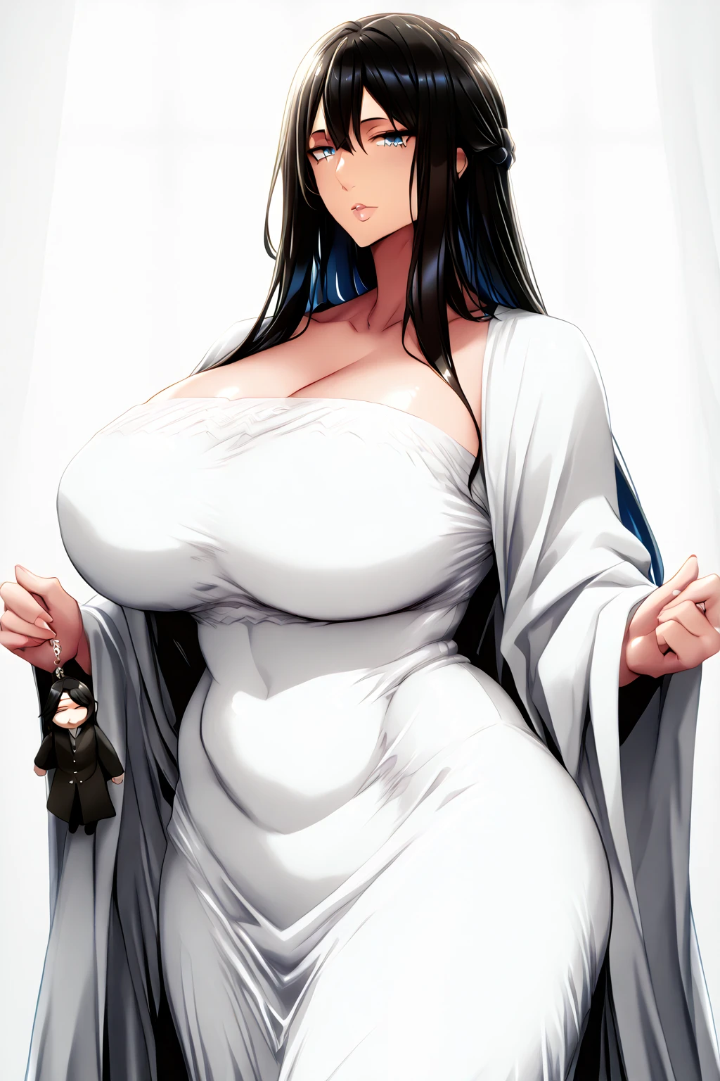 Simple White Background,
Black dress,cleavage, collarbone, bare shoulders, 
Purple eyes, Purple hair,bangs,Long hair,
1 girl, 20yo,Young female,Beautiful long legs,Beautiful body,
Beautiful Nose,Beautiful character design, perfect eyes, perfect face,expressive eyes,perfect balance,
looking at viewer,(Focus on her face),closed mouth, (innocent_big_eyes:1.0),(Light_Smile:0.3),
official art,extremely detailed CG unity 8k wallpaper, perfect lighting,Colorful, Bright_Front_face_Lighting,White skin,
(masterpiece:1.0),(best_quality:1.0), ultra high res,4K,ultra-detailed,
photography, 8K, HDR, highres, absurdres:1.2, Kodak portra 400, film grain, blurry background, bokeh:1.2, lens flare, (vibrant_color:1.2),professional photograph,
(Beautiful,large_Breasts:1.4), (beautiful_face:1.5),(narrow_waist),