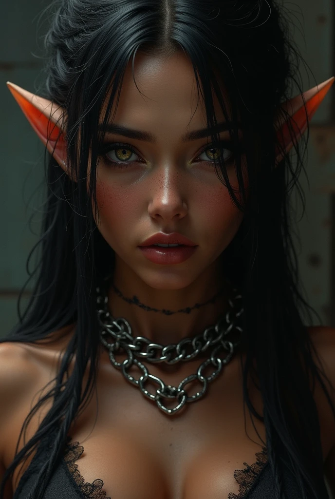 a female elf with long black hair,pointed ears,big green eyes,thin lips,round face,shackle on the neck,big breasts,wearing old clothes,on her knees,sad expression,chained in a dungeon of a tightly closed castle,dramatic scene,elf slave,dutch angle,(best quality,4k,8k,highres,masterpiece:1.2),ultra-detailed,(realistic,photorealistic,photo-realistic:1.37),portrait,fantasy,dark,moody,cinematic lighting,dramatic shadows,muted colors