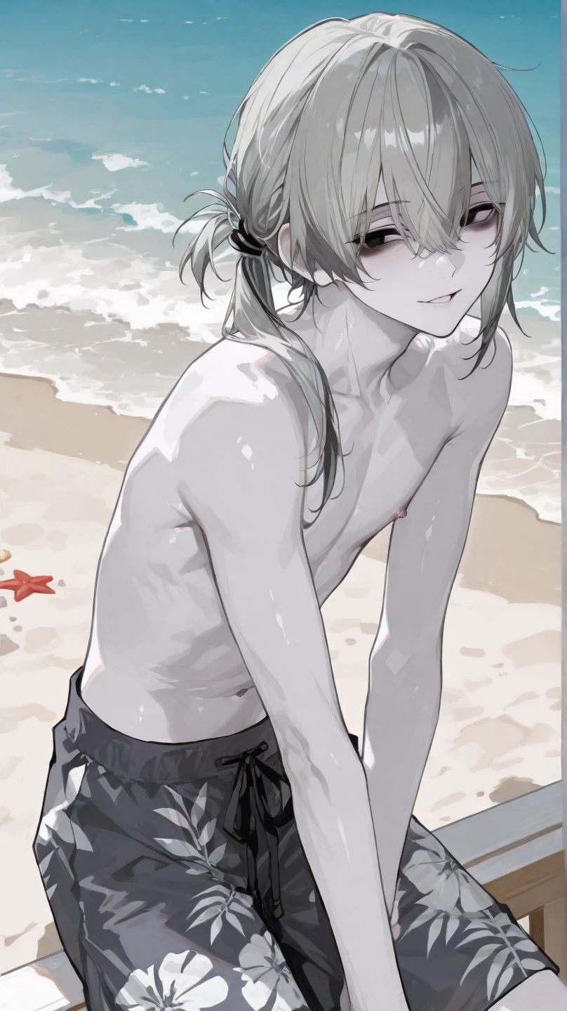 1boy,13 only、(Man's :2) ,Handsome boy,Long silver hair、Collar,tattooed、fullnude、starrysky 、sand beach、Back lighting、chaos、fantastic landscape、absurderes、hightquality、masutepiece,8K,NSFW,