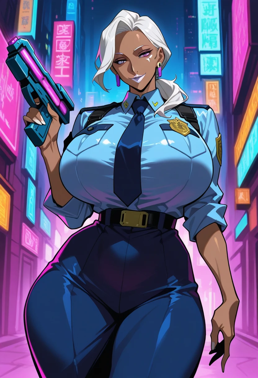 Five Fingers、One Female Policeman、Huge breasts that are about to burst、slender long legs、Footboard beauty、Fitness Model、musculature、police uniform with、The shirt、Glossy jacket、Long pants、neck tie、clothes shiny、skin tanned、A slight smil、full-body view、publicity cosplay、full-cosplay、taken with canon 5d mk4、cosplay foto