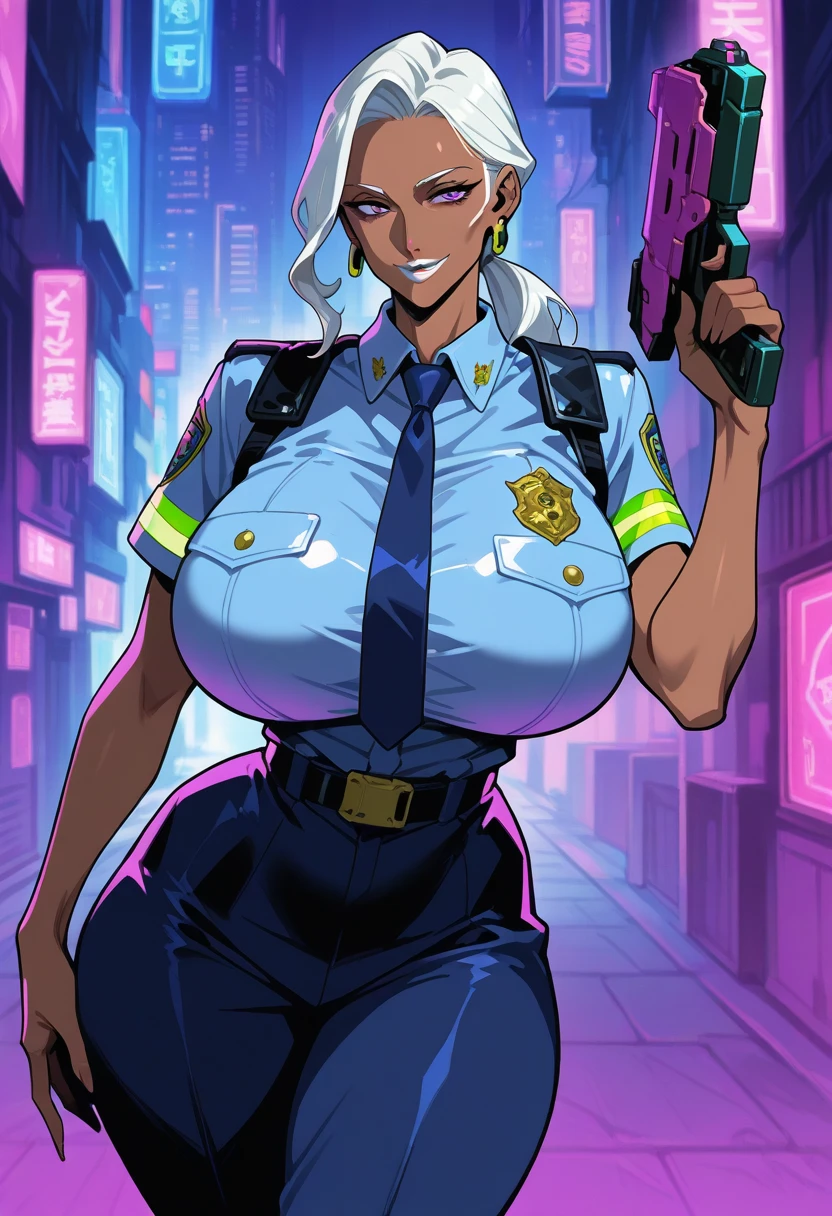 (best quality:1.6), HDR,realistic,16K,1080P,RTX4090 Titan,intricate detailed,high resolution,natural lighting,1woman,sunglasses,ebony skin,light smile,Solo,arrogant,thick lips,pink lipstick,long eyelashes,pink eye-shadow,golden ratio body,high waist,((long legs:1.2)),F-Cup breasts,huge cleavage,slim waist,wide hips,big buttocks,bubble butt,juicy ass,cameltoe,(Detailed face),tattoo,ear pendants, jewelry,Cyberpunk city,crowded street,((Police uniform,police hat,blue short skirt,black fishnet stockings:1.3)),silver hair,curly hair,short hair,wet clothes,hard nipple,standing on the street,sunlight,dynamic pose,((upper body shot:1.1))