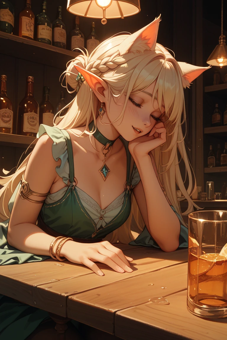  beautiful anime woman illustration, elf, (masterpiece, best quality, ultra-detailed), sharp focus, detailed face, extremely detailed eyes, face focus, long hair, parted bangs, hair over shoulder, yellow hair, (dark green eyes:1.4), big breasts, exotic headpiece and hairpin, teardrop earrings, cinematic lighting, rim lightning, ray tracing, shadowing