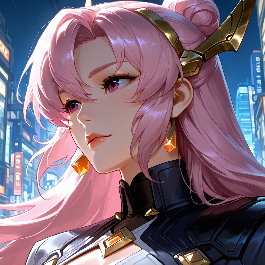 "At midnight, several retailers including Bill's, Sears, and retailers opened their doors for the first time on Black Friday, creating a bustling and exciting atmosphere. The scene features a masterpiece of ultra-detailed craftsmanship, showcasing the best quality and illumination. The focal point is a young girl with vibrant pink hair, embodying a unique and stylish look. Her striking appearance resembles Kai'Sa, a popular character with a confident and fierce attitude. The overall ambiance is enhanced by the mesmerizing backdrop of twilight, with watercolor-like clouds and gentle drops of water adding depth to the scene."