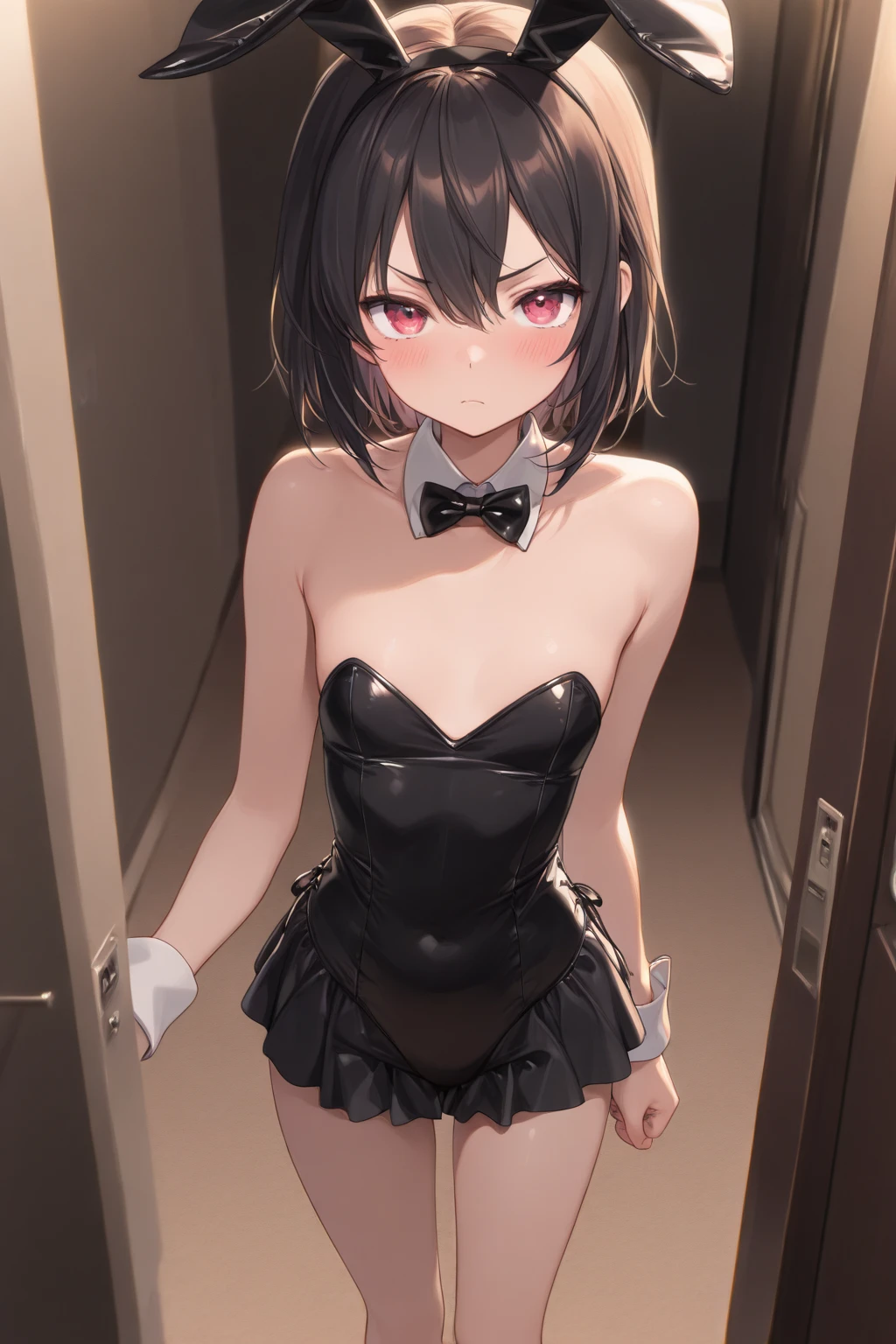 (()), young woman wearing a black bodysuit standing in front of shelves, 1boy, male focus, solo, otoko no ko, male playboy bunny, bow, bulge, swimsuit, bowtie, covered navel, looking at viewer, crossdressing, short hair, detached collar