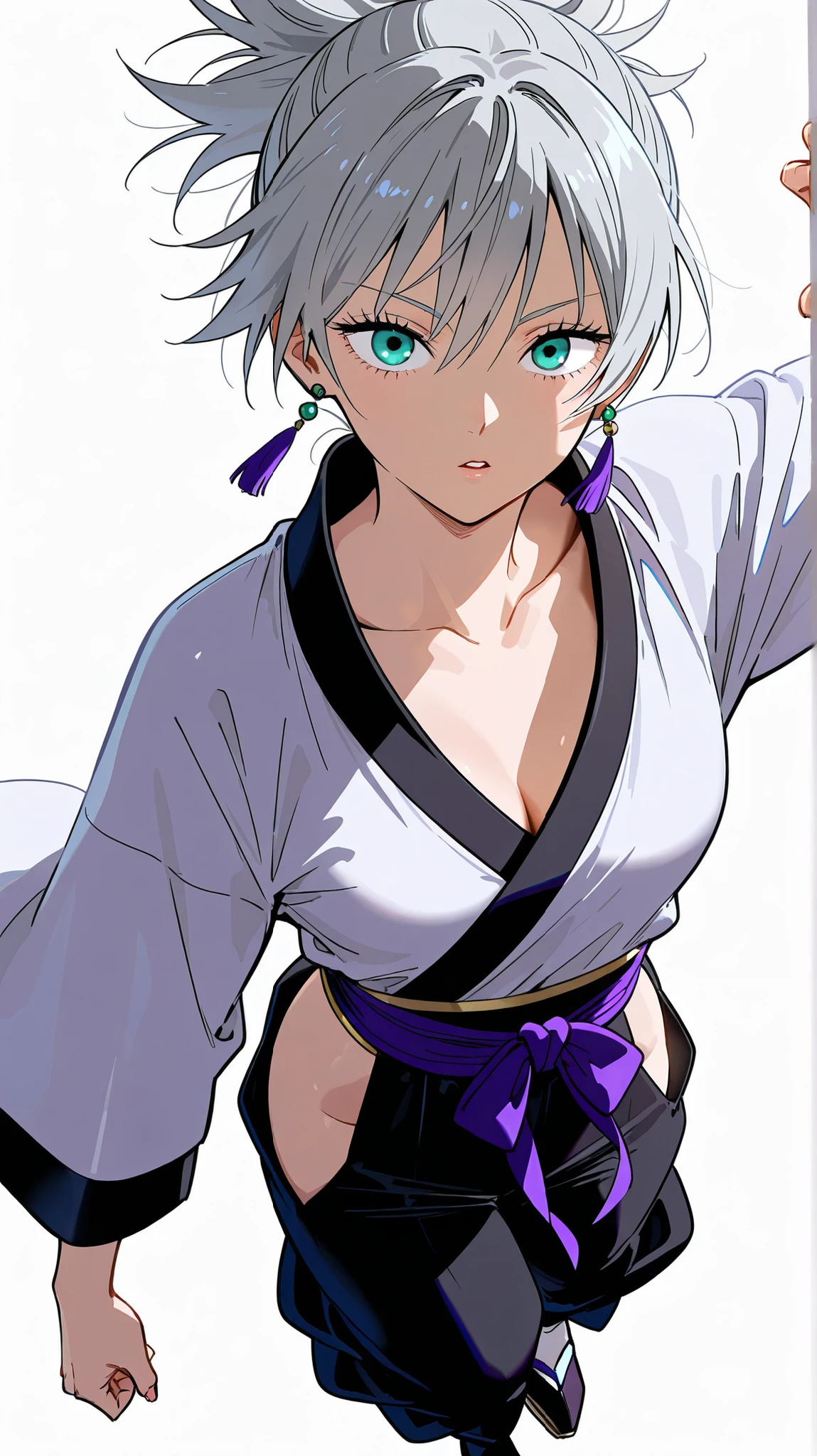Solo, Highest quality, Masterpiece, Dynamic, Highly detailed CG, Highly detailed 8K wallpaper, Bird's eye view, Highly detailed character, Standing upright, Side view (very detailed and beautiful portrait), Medium bust, Beautiful lines , Japanese high school uniform, collared jacket, front button, shift black slacks, zipper open, underwear shift, see-through bra, portrait, solo, clear focus, (((side shaved hair))), dark skin tomboy girl, butler, navel piercing, tattoo under eye, short hair, yellow eyes, detailed close-up portrait,