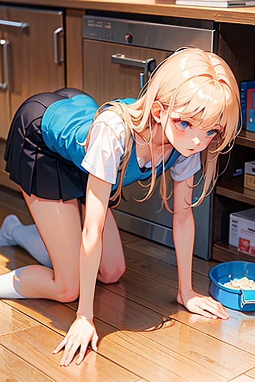 (depicting a single moment from anime for adults), ((pleated skirt, round face, eyes with realistic sizing, drooping eyes, blush, shame smile, spread legs slightly)), (((straddling to hit her crotch on the corner of the vacuum cleaner for self pleasure, ecstasy))), sneakers,