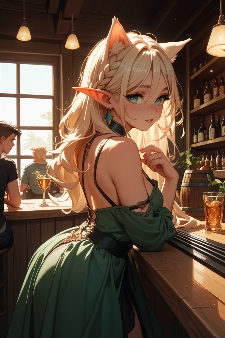 beautiful anime woman illustration, elf, (masterpiece, best quality, ultra-detailed), sharp focus, detailed face, extremely detailed eyes, face focus, long hair, parted bangs, hair over shoulder, yellow hair, (dark green eyes:1.4), big breasts, exotic headpiece and hairpin, teardrop earrings, cinematic lighting, rim lightning, ray tracing, shadowing